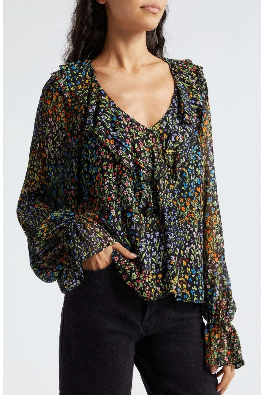 Ramy Brook Kendra Ruffle V-Neck Top Black Garden Ditsy Floral Blouse Size Small